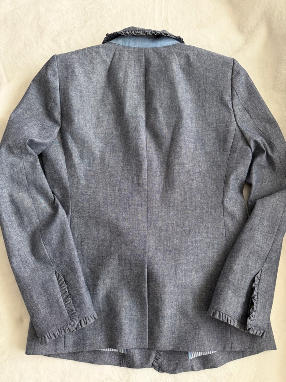J. Crew Chambray Regent Light Blue Ruffle-Trim Single-Button Blazer 100% Cotton - Picture 8 of 8